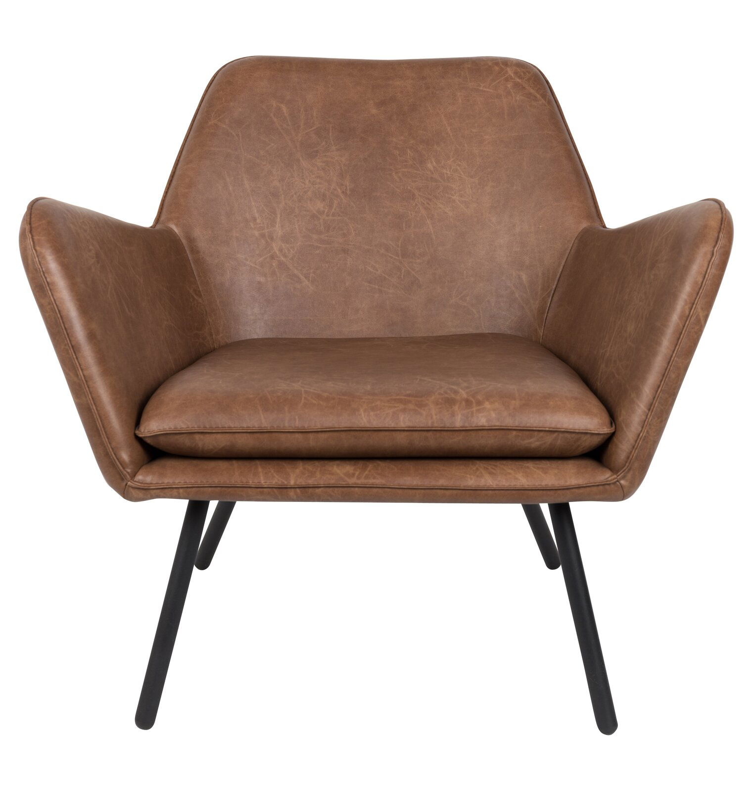 Moderner brauner Ledersessel mit schwarzen Metallbeinen, Frontalansicht