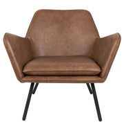 Moderner brauner Ledersessel mit schwarzen Metallbeinen, Frontalansicht