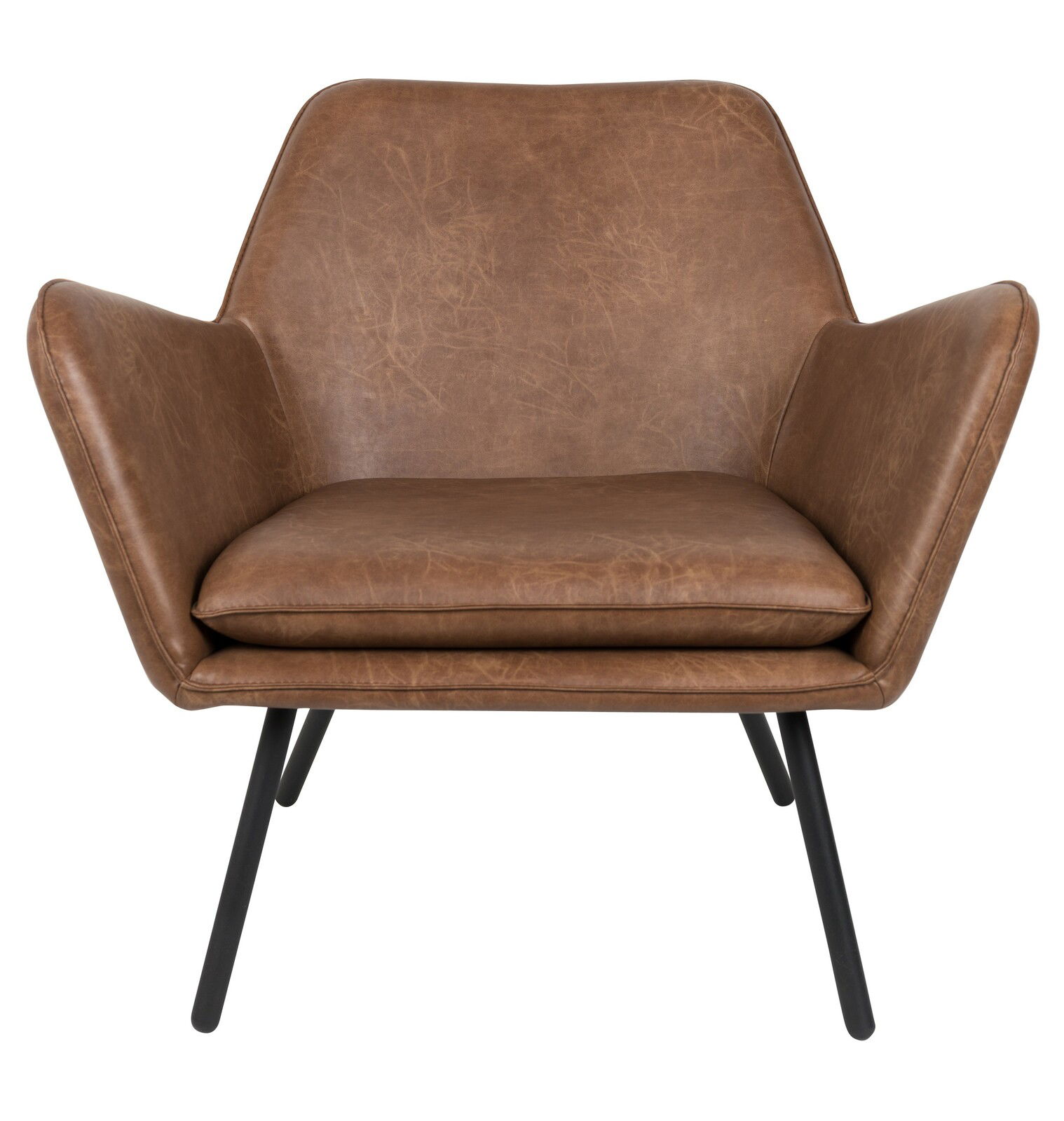 Moderner brauner Ledersessel mit schwarzen Metallbeinen, Frontalansicht