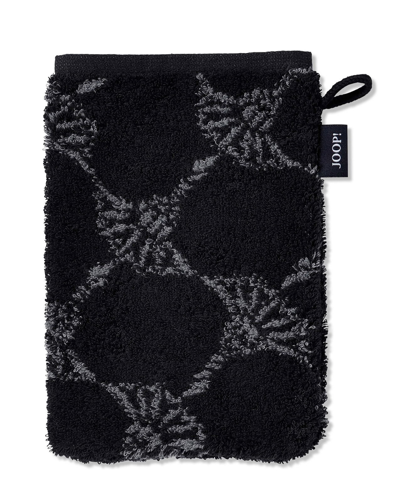JOOP! Waschhandschuh CORNFLOWER CLASSIC Schwarzer Waschhandschuh mit grauem Muster, von oben fotografiert, mit einer Schlaufe und einem Markenetikett an der Seite.