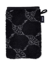 Schwarzer Waschhandschuh mit grauem Muster, von oben fotografiert, mit einer Schlaufe und einem Markenetikett an der Seite.