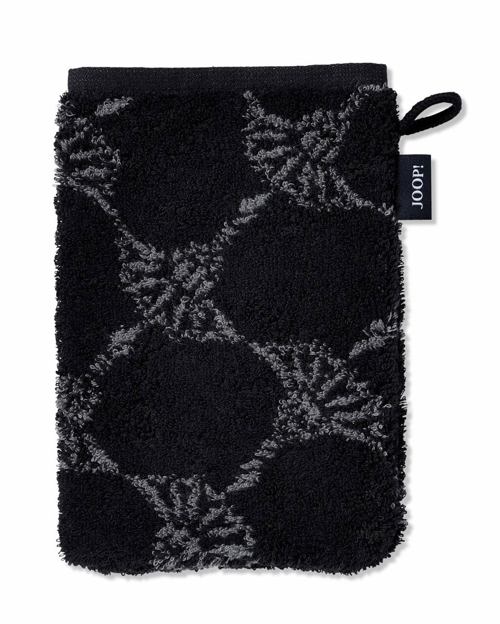 JOOP! Waschhandschuh CORNFLOWER CLASSIC Schwarzer Waschhandschuh mit grauem Muster, von oben fotografiert, mit einer Schlaufe und einem Markenetikett an der Seite.