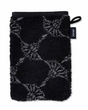 Schwarzer Waschhandschuh mit grauem Muster, von oben fotografiert, mit einer Schlaufe und einem Markenetikett an der Seite.