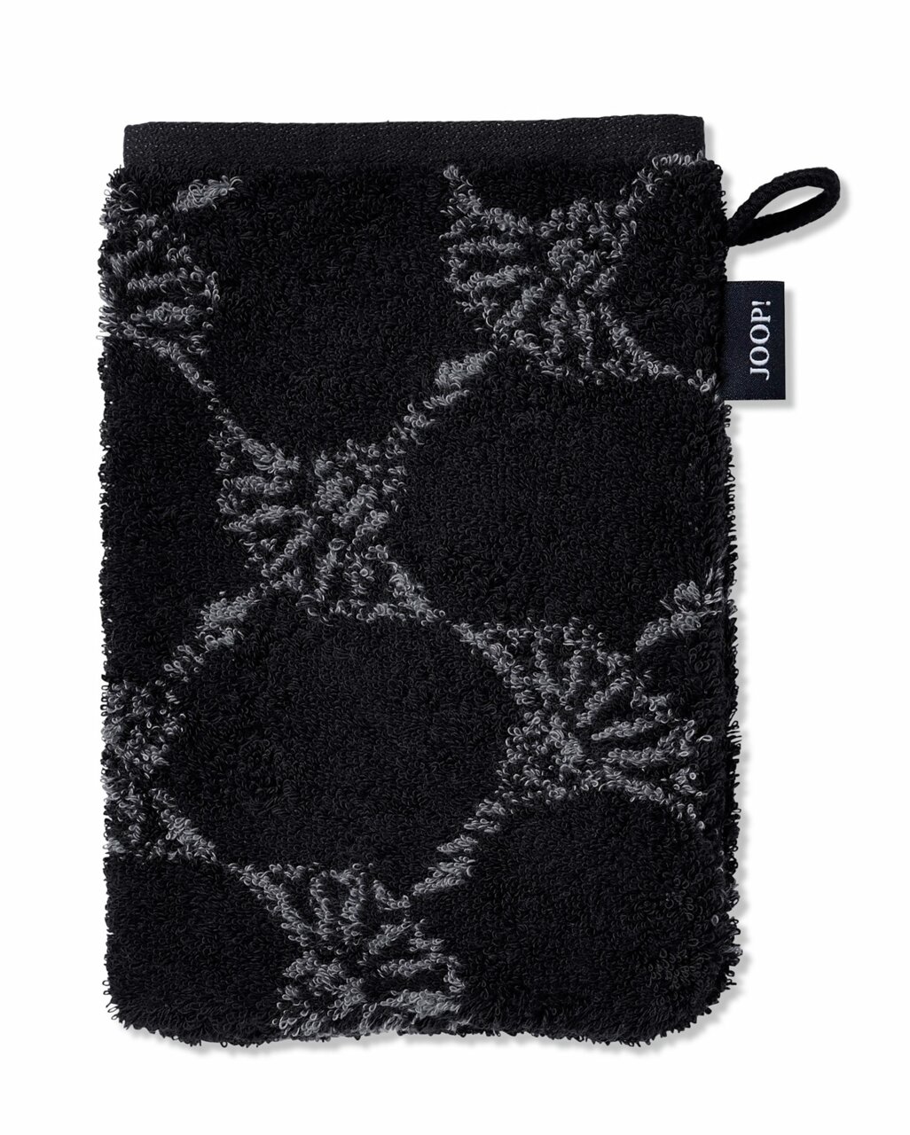 Schwarzer Waschhandschuh mit grauem Muster, von oben fotografiert, mit einer Schlaufe und einem Markenetikett an der Seite.