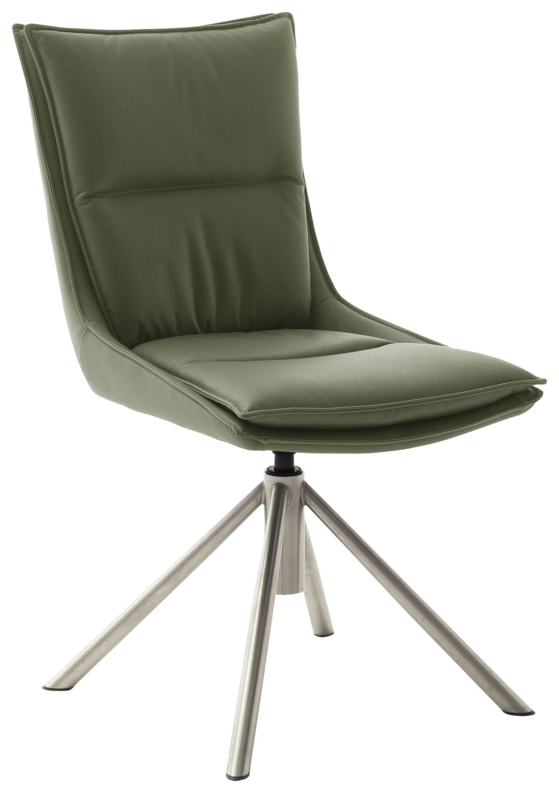 Moderner grüner Stuhl mit gepolsterter Rückenlehne und Sitzfläche, auf einem stabilen Metallgestell, seitliche Perspektive.