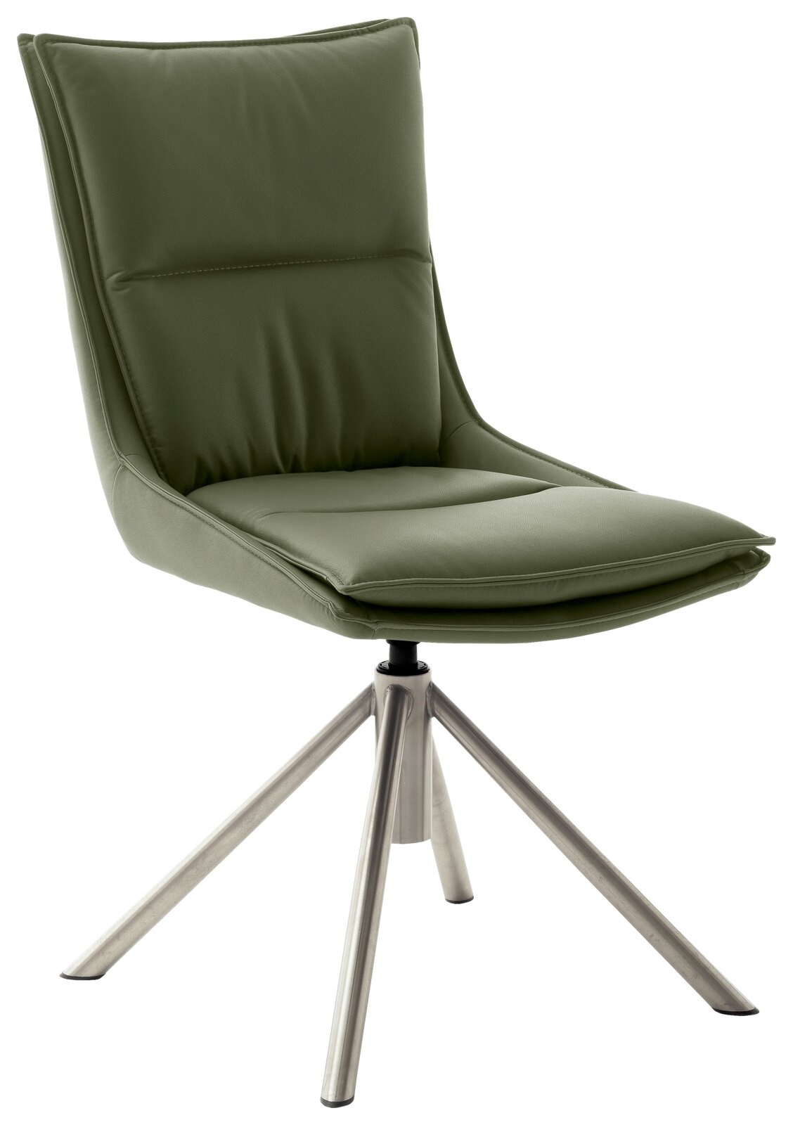 Novel Stuhl HOUSTON Moderner grüner Stuhl mit gepolsterter Rückenlehne und Sitzfläche, auf einem stabilen Metallgestell, seitliche Perspektive.