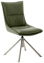 Moderner grüner Stuhl mit gepolsterter Rückenlehne und Sitzfläche, auf einem stabilen Metallgestell, seitliche Perspektive.