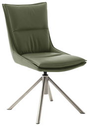 Moderner grüner Stuhl mit gepolsterter Rückenlehne und Sitzfläche, auf einem stabilen Metallgestell, seitliche Perspektive.