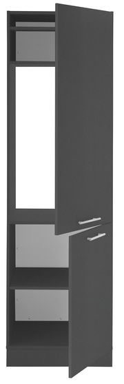 Kühlschrankumbauschrank XORA PRIMUS in dunkler Farbe, mit zwei geöffneten Türen, frontal betrachtet.