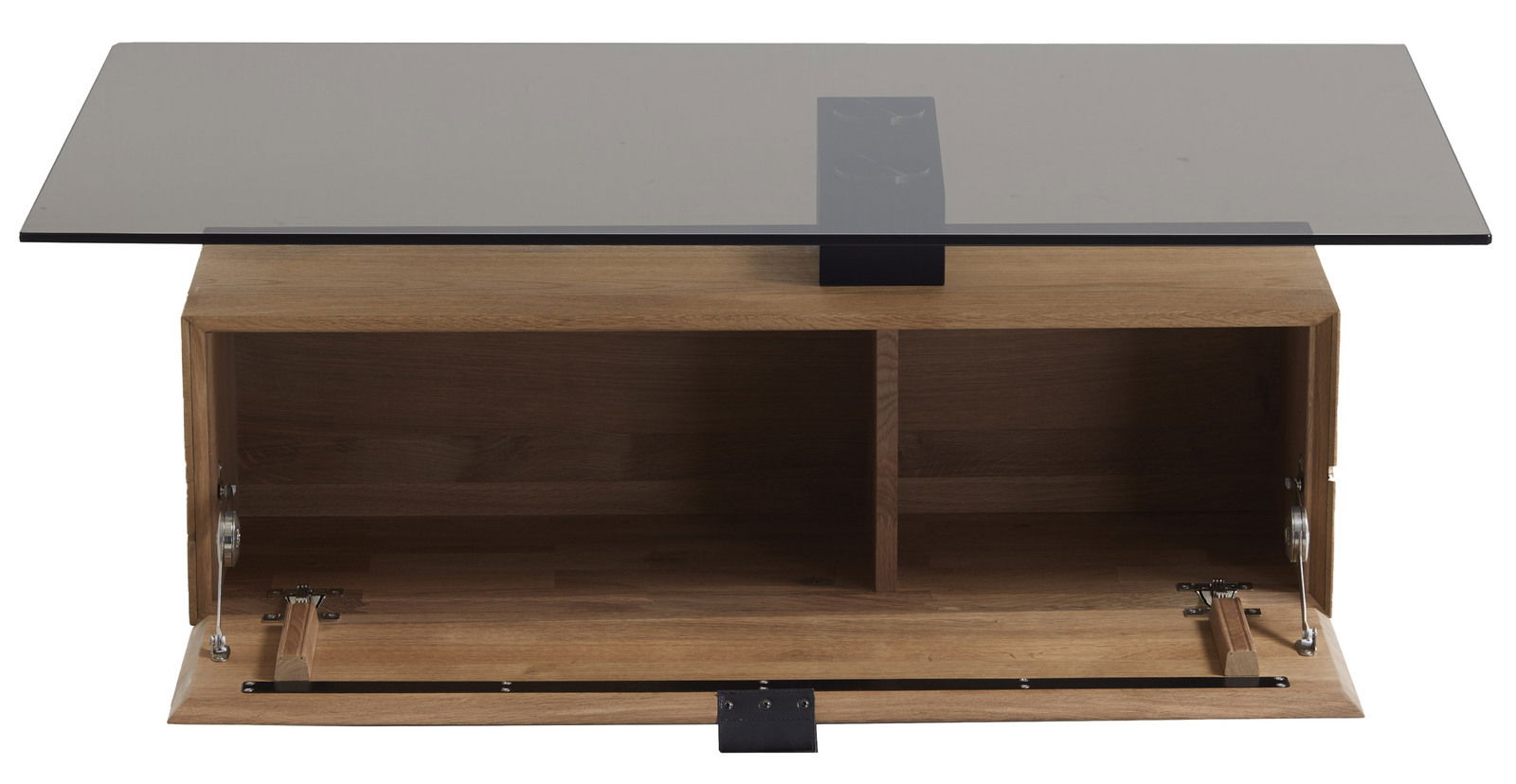 Moderner Couchtisch mit Glasplatte und Holzunterbau, Frontansicht