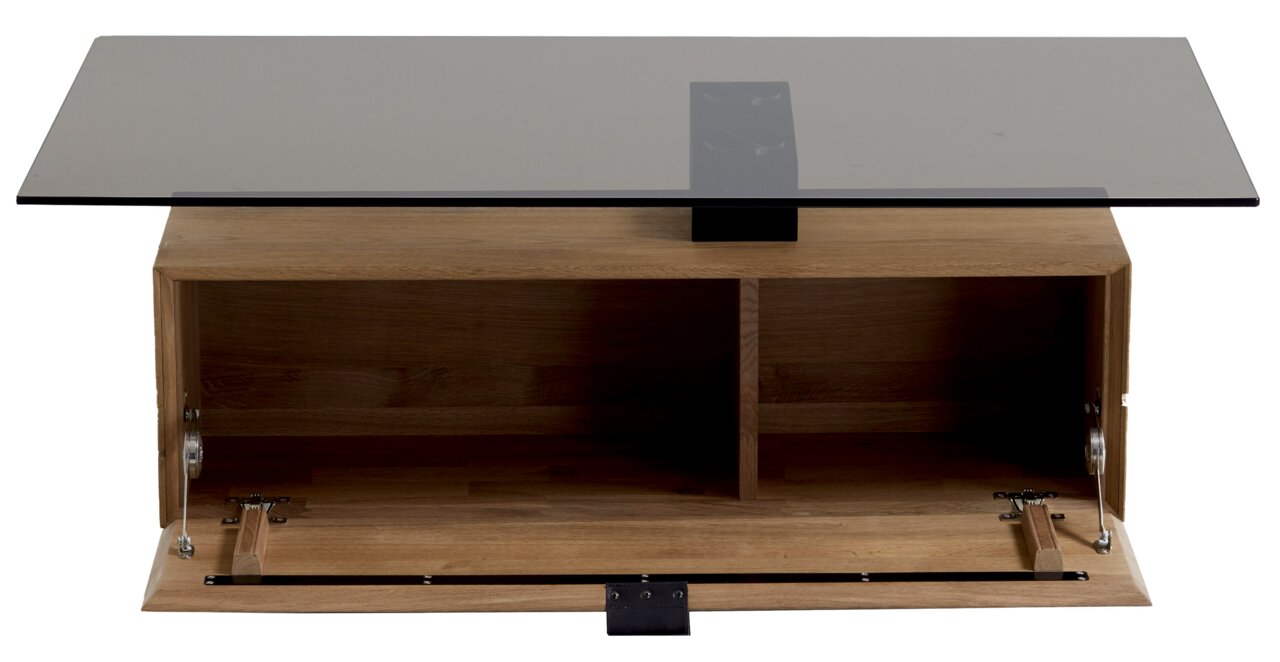 Moderne salontafel met glazen blad en houten onderstel, vooraanzicht
