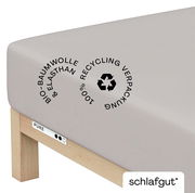 Spannbettlaken aus Bio-Baumwolle und Elasthan in Seitenansicht, mit Hinweis auf 100% recycelte Verpackung.