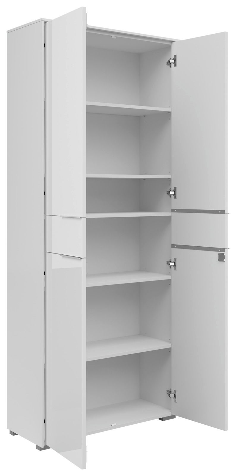 Weißer, zweitüriger Aktenschrank mit mehreren Einlegeböden, geöffnete Türen, seitliche Perspektive