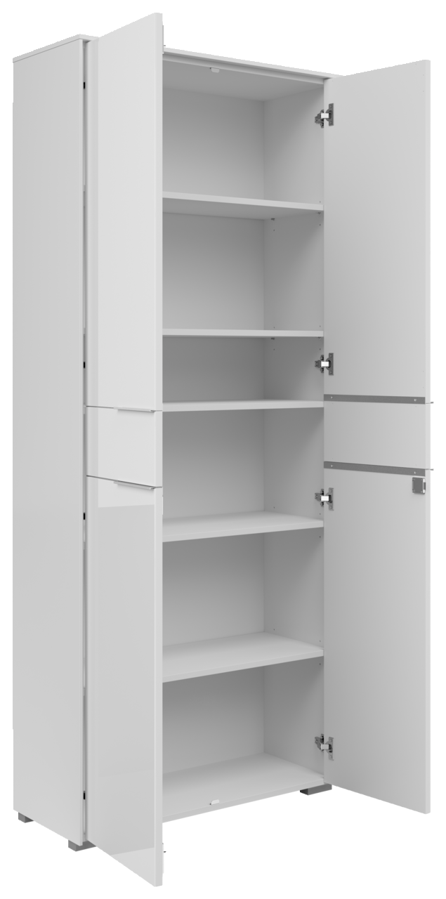 Weißer, zweitüriger Aktenschrank mit mehreren Einlegeböden, geöffnete Türen, seitliche Perspektive