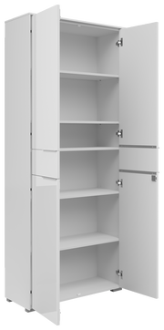 Weißer, zweitüriger Aktenschrank mit mehreren Einlegeböden, geöffnete Türen, seitliche Perspektive