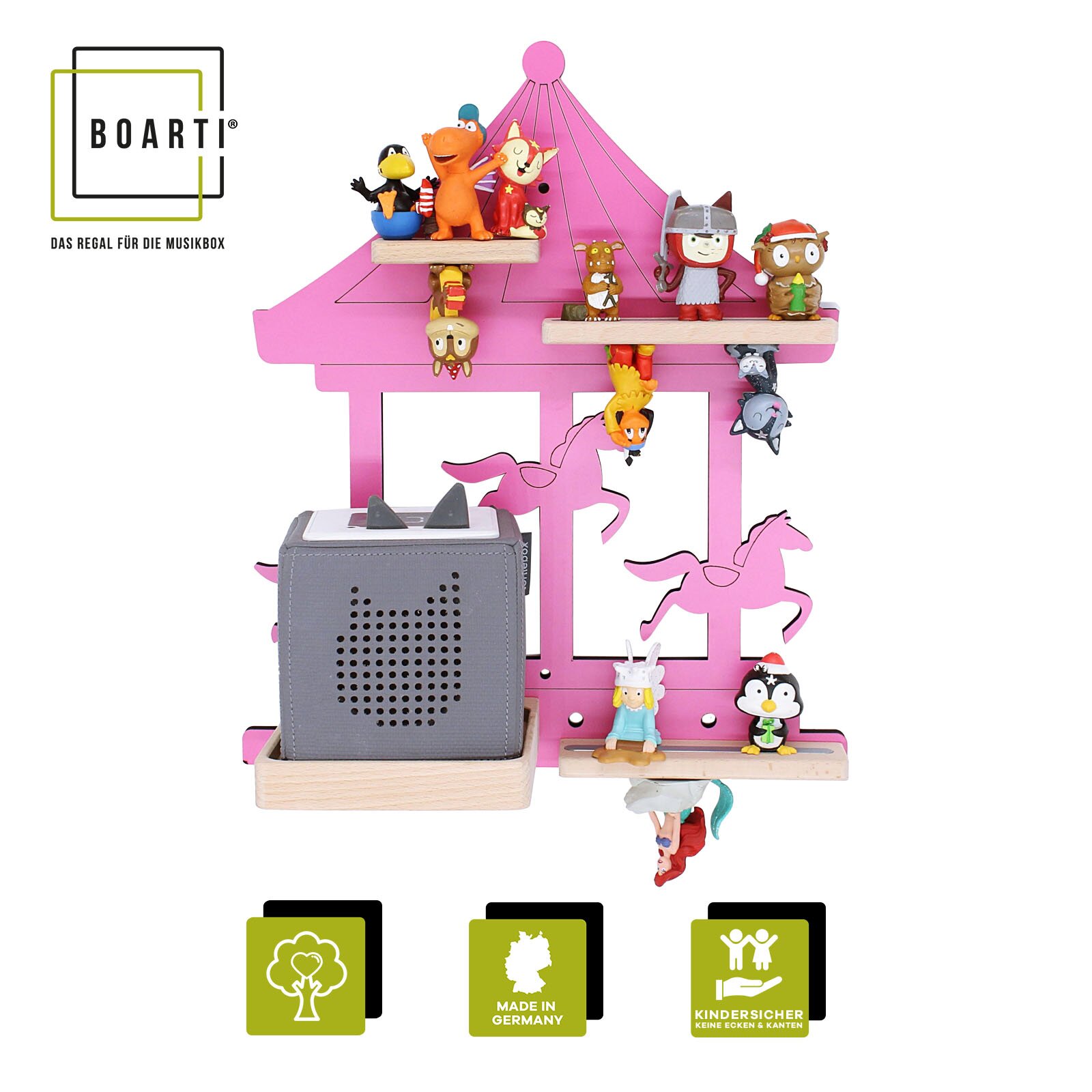 Frontalansicht eines pinken BOARTI Wandregals für Toniebox/Musikbox in Zirkuszelt-Optik mit Holzablagen, darauf mehrere Tonie-Figuren und unten eine graue Toniebox; Made in Germany, kindersicher ohne scharfe Kanten.