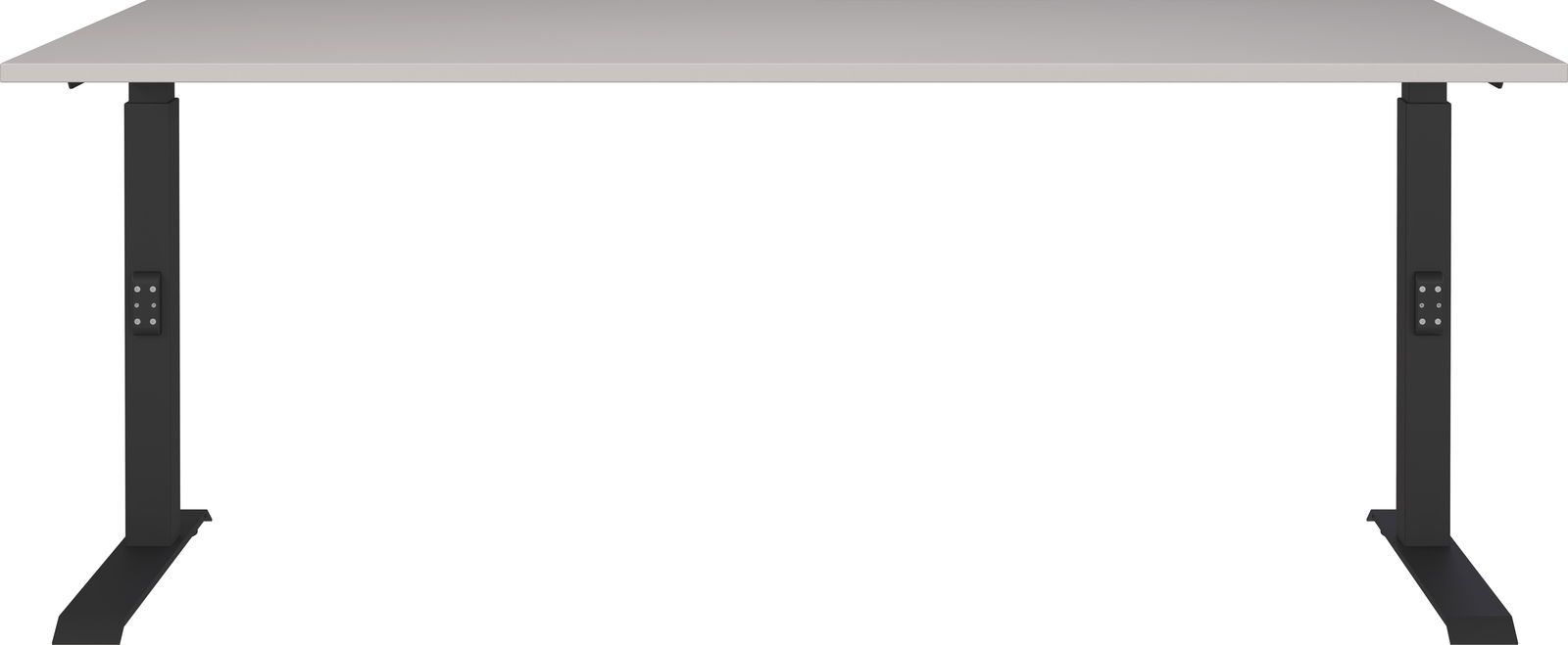 Moderner höhenverstellbarer Schreibtisch in Frontalansicht mit schwarzem Gestell und heller Tischplatte.