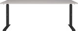 Moderner höhenverstellbarer Schreibtisch in Frontalansicht mit schwarzem Gestell und heller Tischplatte.