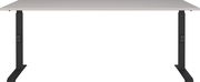 Moderner höhenverstellbarer Schreibtisch in Frontalansicht mit schwarzem Gestell und heller Tischplatte.