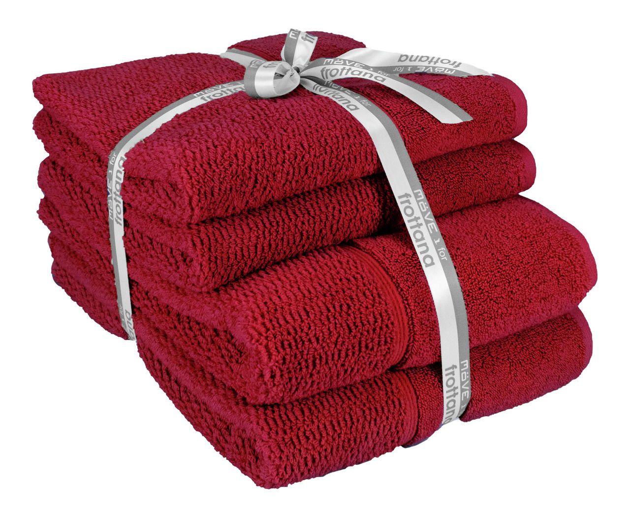 Vier-teiliges Handtuchset in kräftigem Rot, gestapelt und mit einer dekorativen Schleife gebunden, seitliche Perspektive.