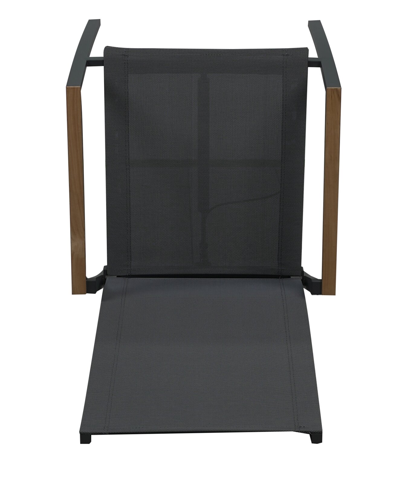 Stapelstuhl mit schwarzem Netzgewebe und Holzarmlehnen, Ansicht von oben
