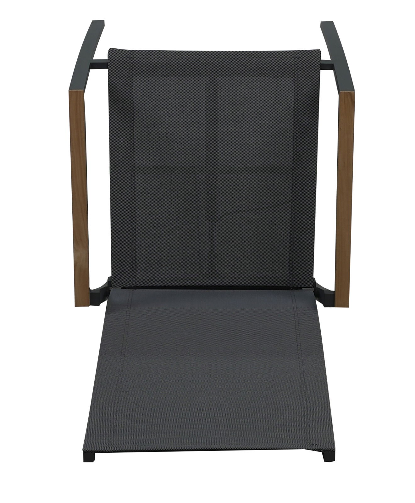 Stapelstuhl mit schwarzem Netzgewebe und Holzarmlehnen, Ansicht von oben