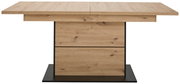 Moderner Esstisch aus Holz mit rechteckiger Tischplatte und stabiler Mittelsäule, Frontalansicht.