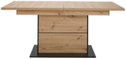 Moderner Esstisch aus Holz mit rechteckiger Tischplatte und stabiler Mittelsäule, Frontalansicht.