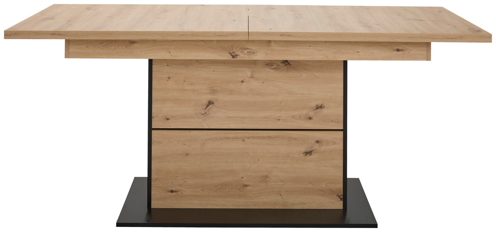 Moderner Esstisch aus Holz mit rechteckiger Tischplatte und stabiler Mittelsäule, Frontalansicht.