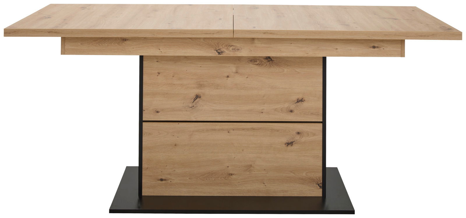 Moderner Esstisch aus Holz mit rechteckiger Tischplatte und stabiler Mittelsäule, Frontalansicht.