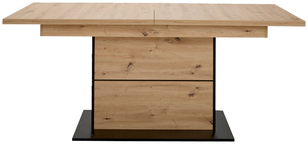 Moderner Esstisch aus Holz mit rechteckiger Tischplatte und stabiler Mittelsäule, Frontalansicht.