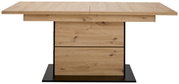 Moderner Esstisch aus Holz mit rechteckiger Tischplatte und stabiler Mittelsäule, Frontalansicht.