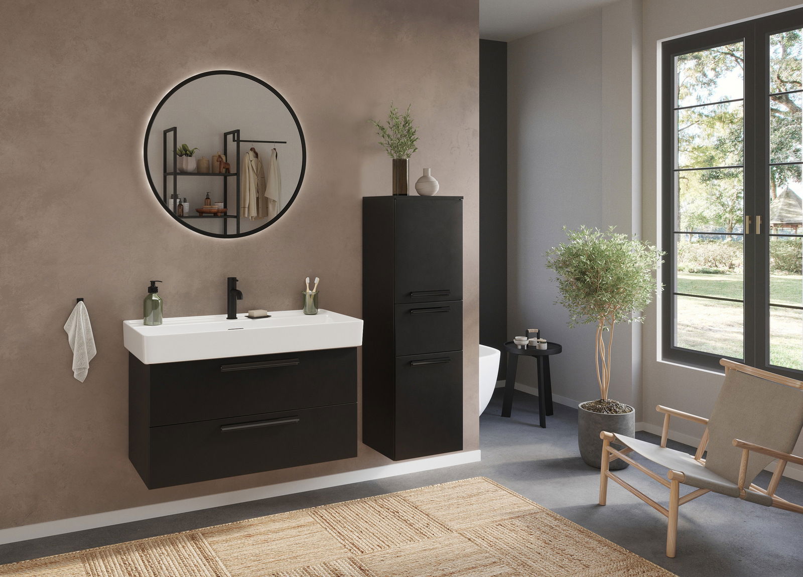 Modernes Waschtisch-Set in einem stilvollen Badezimmer mit schwarzem Schrank und rundem Spiegel, seitliche Perspektive.