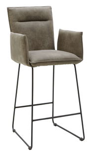 Barsessel mit gepolstertem Sitz und Rückenlehne in Olivgrün, Metallbeine, seitliche Perspektive