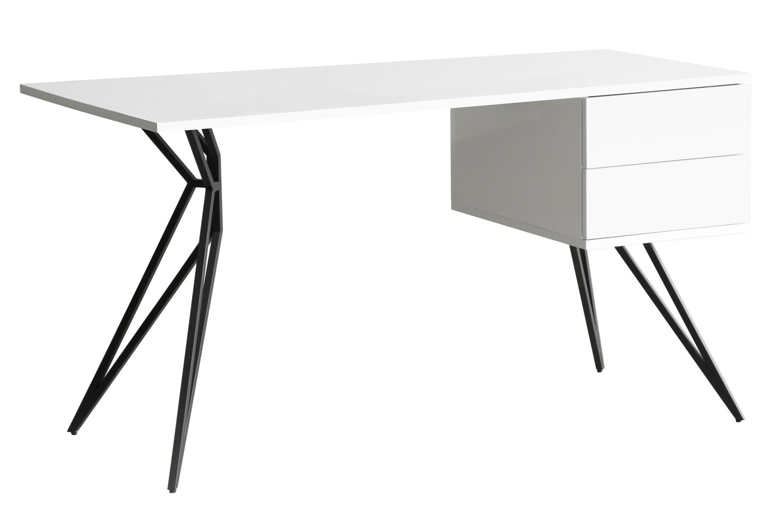 Moderner weißer Schreibtisch mit schwarzen Metallbeinen und zwei Schubladen, seitliche Perspektive