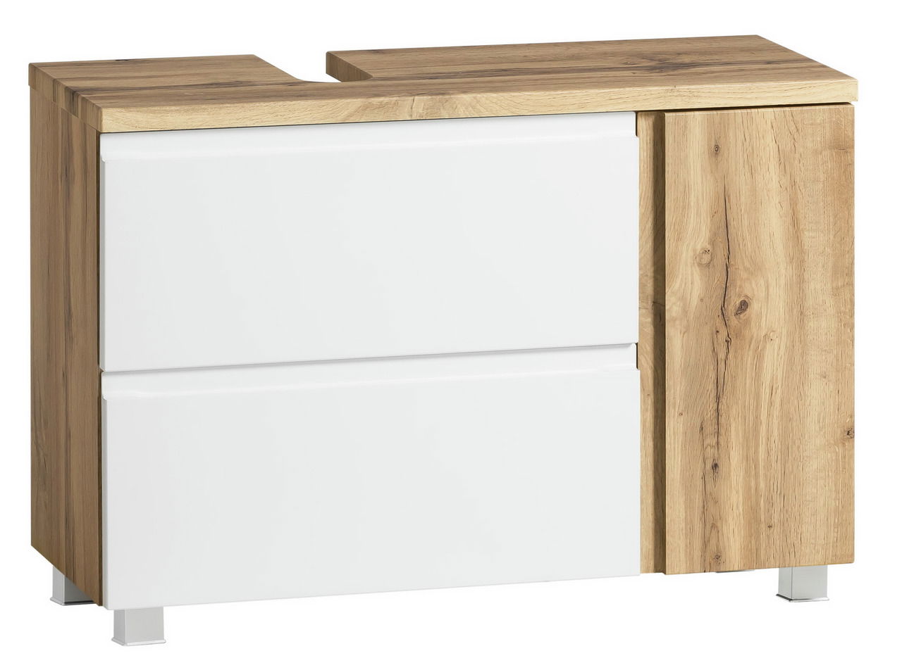 Waschbeckenunterschrank in Holzoptik mit weißen Schubladen, perspektivisch von vorne links betrachtet.