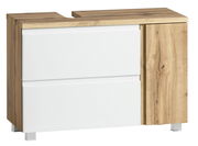 Waschbeckenunterschrank in Holzoptik mit weißen Schubladen, perspektivisch von vorne links betrachtet.