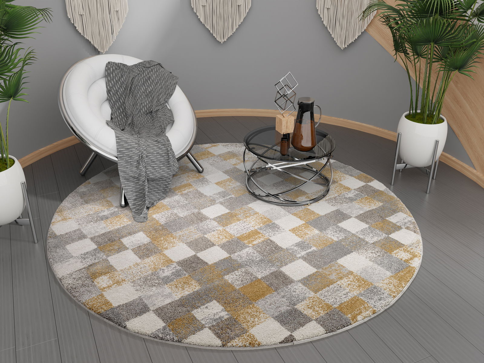 Runder Frisé-Teppich mit geometrischem Muster in Grau-, Weiß- und Gelbtönen, auf einem modernen grauen Boden in einem stilvoll eingerichteten Raum mit Pflanzen und einem Sessel, aus der Vogelperspektive betrachtet.
