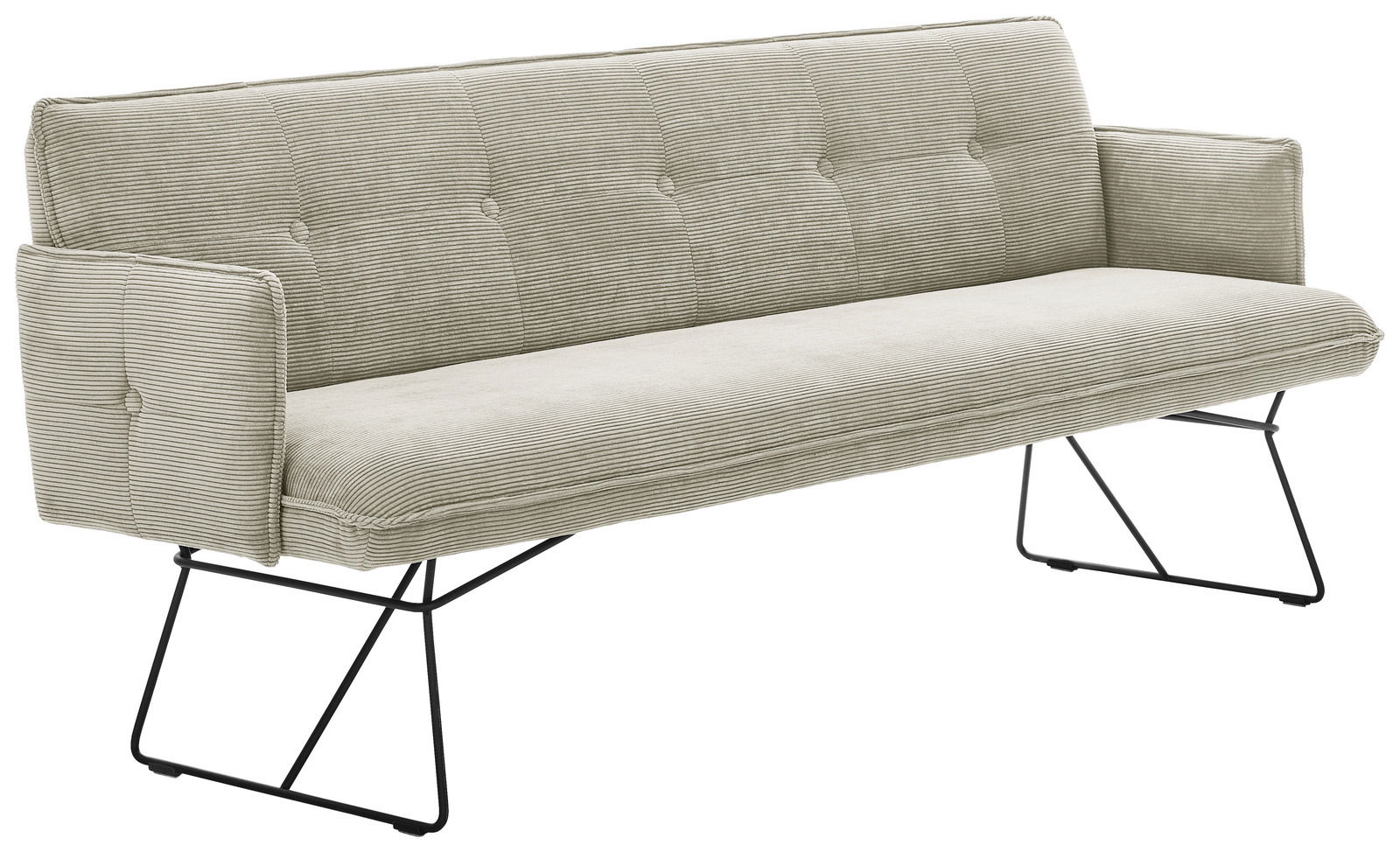 Pure Home Lifestyle Solobank 2-Sitzer COCONUT Zweisitzige Solobank mit hellgrauem, gestreiftem Stoffbezug und schwarzen Metallbeinen, seitliche Perspektive