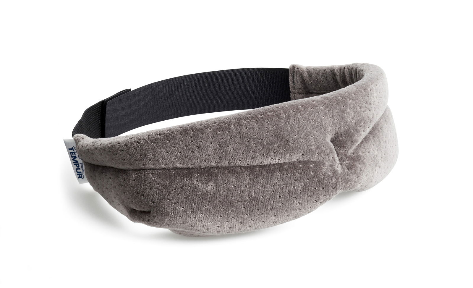 Graue Tempur Schlafmaske aus weichem Material mit elastischem Band, seitliche Perspektive