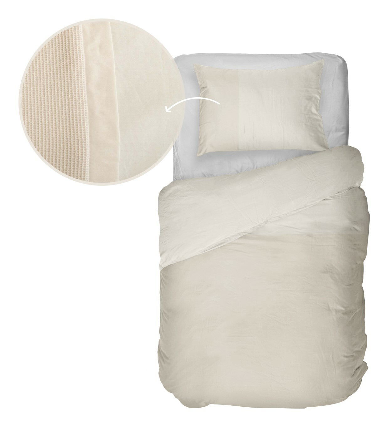 Bettwäsche-Set in Cremefarbe, bestehend aus einem Kissenbezug und einem Bettdeckenbezug, aus der Vogelperspektive fotografiert. Detailansicht des Stoffmusters inklusive.