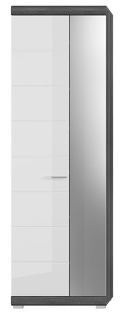 Moderner Garderobenschrank mit weißer und grauer Front, rechte Tür mit Spiegel, Frontalansicht