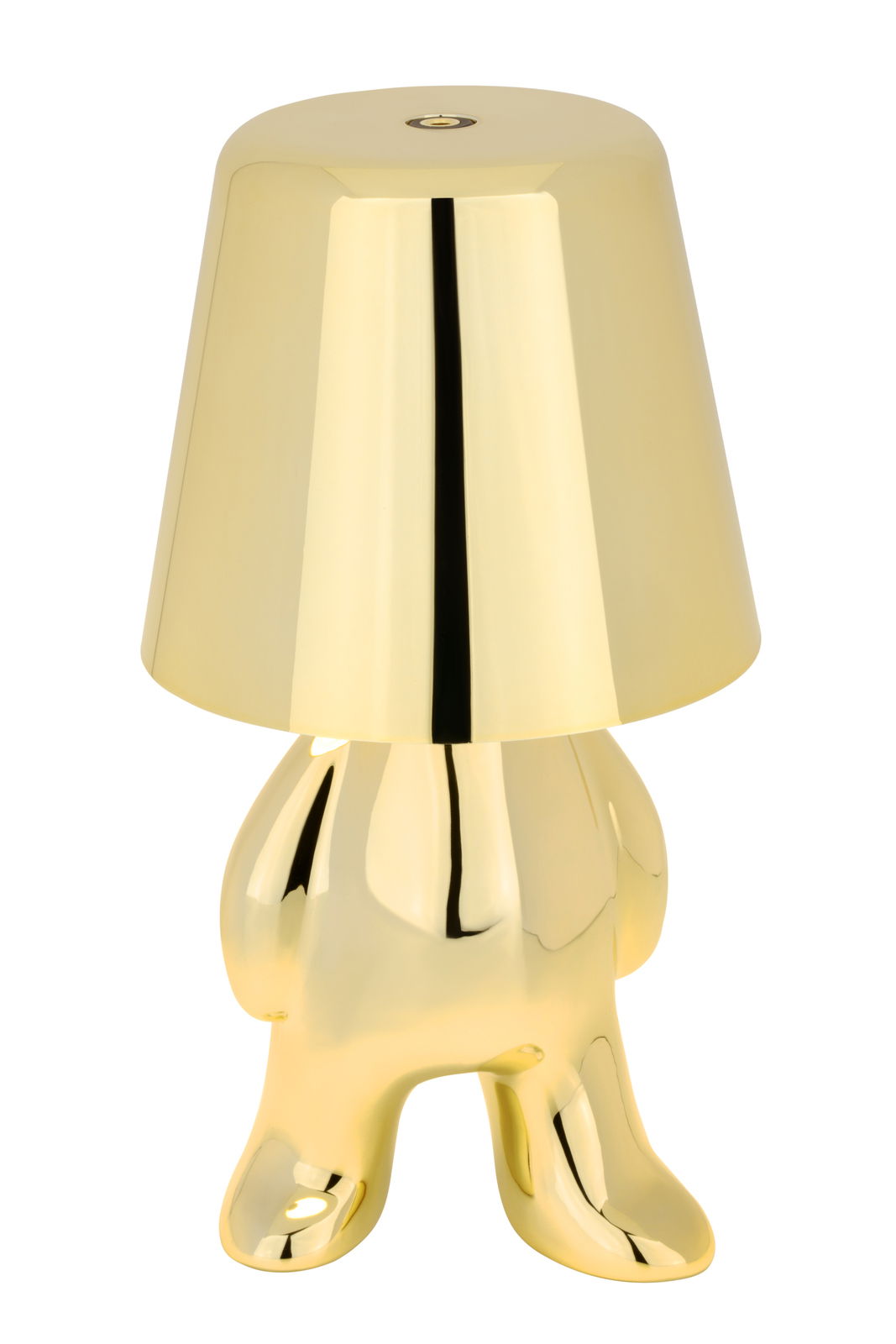 Goldene Akku-Tischleuchte in Form einer stilisierten Figur, frontal abgebildet.
