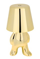 Goldene Akku-Tischleuchte in Form einer stilisierten Figur, frontal abgebildet.