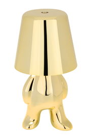 Goldene Akku-Tischleuchte in Form einer stilisierten Figur, frontal abgebildet.