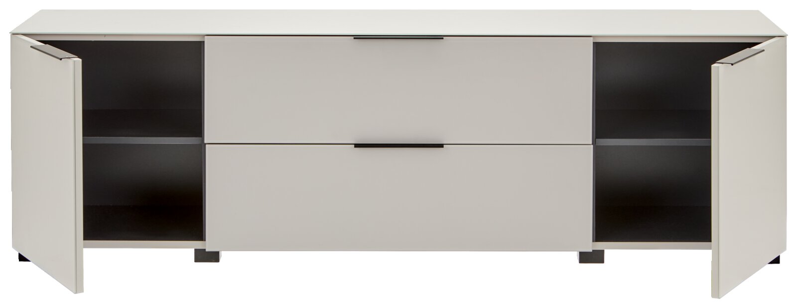 Modernes Sideboard in Hellgrau/Weiß mit zwei geöffneten Seitentüren und zwei mittigen Schubladen, Innenraum dunkel mit Ablagefächern, frontale Ansicht