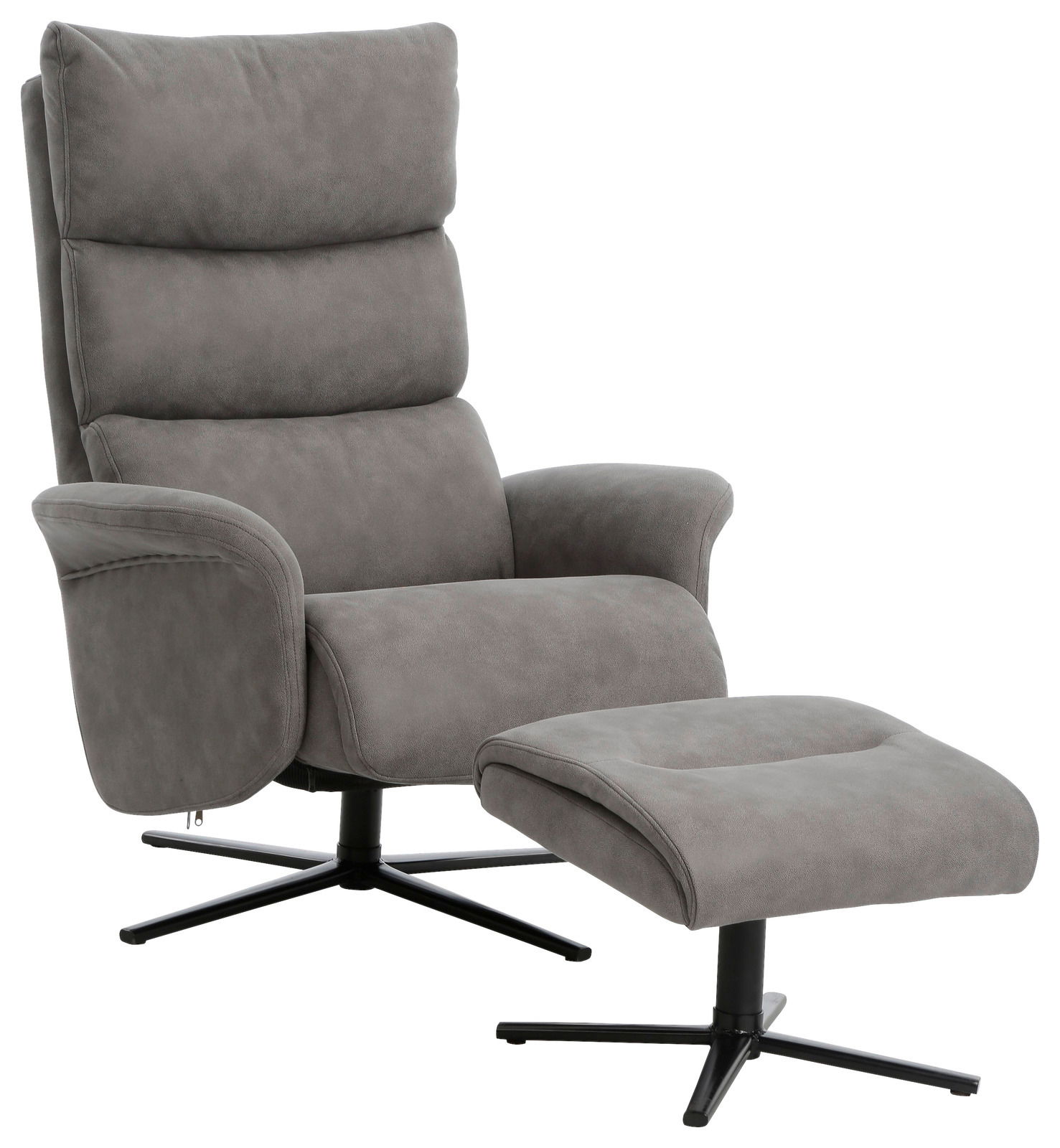 Grauer Relaxsessel mit Hocker, seitliche Perspektive