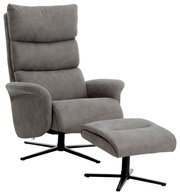 Grauer Relaxsessel mit Hocker, seitliche Perspektive