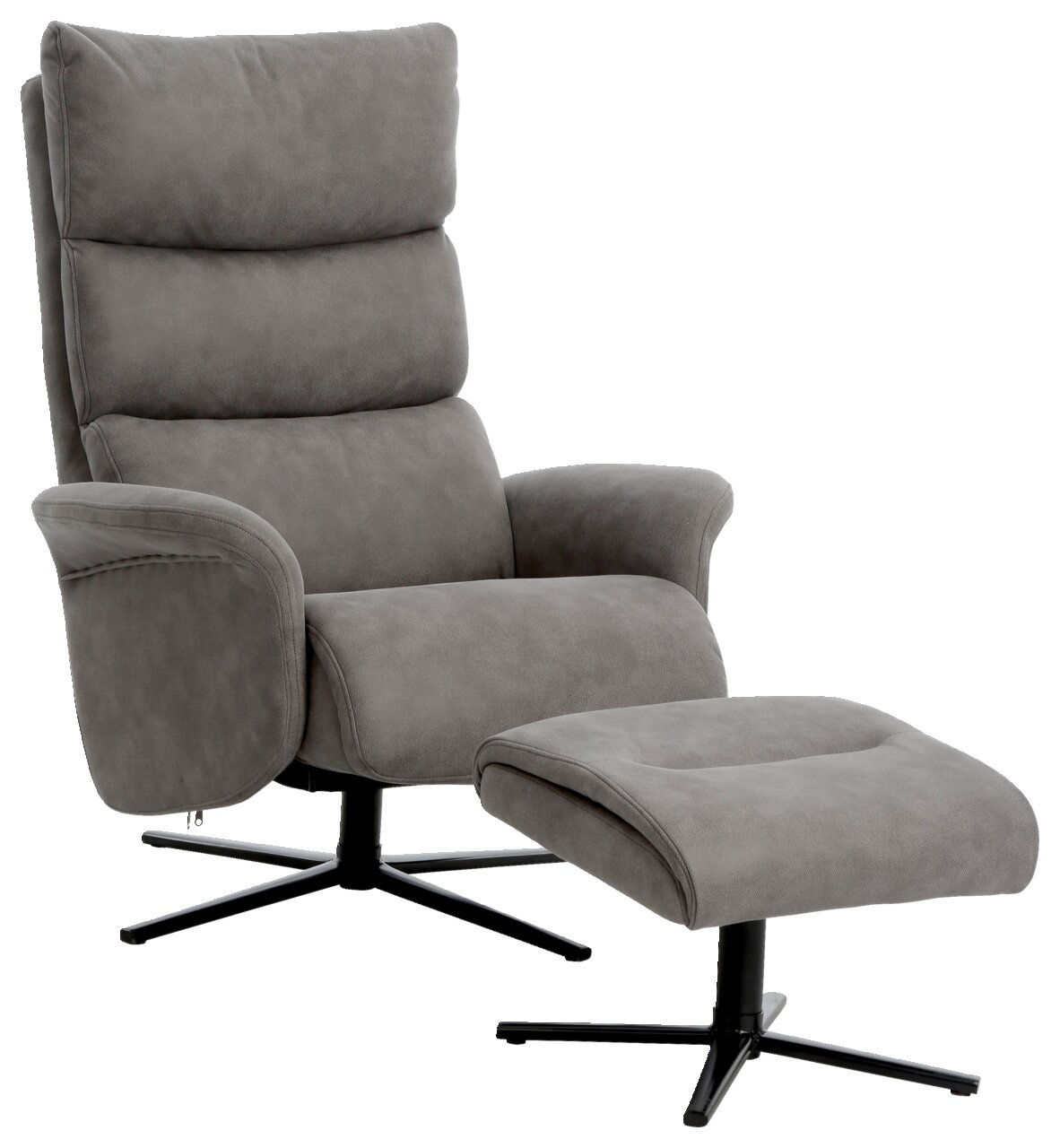 Grauer Relaxsessel mit Hocker, seitliche Perspektive