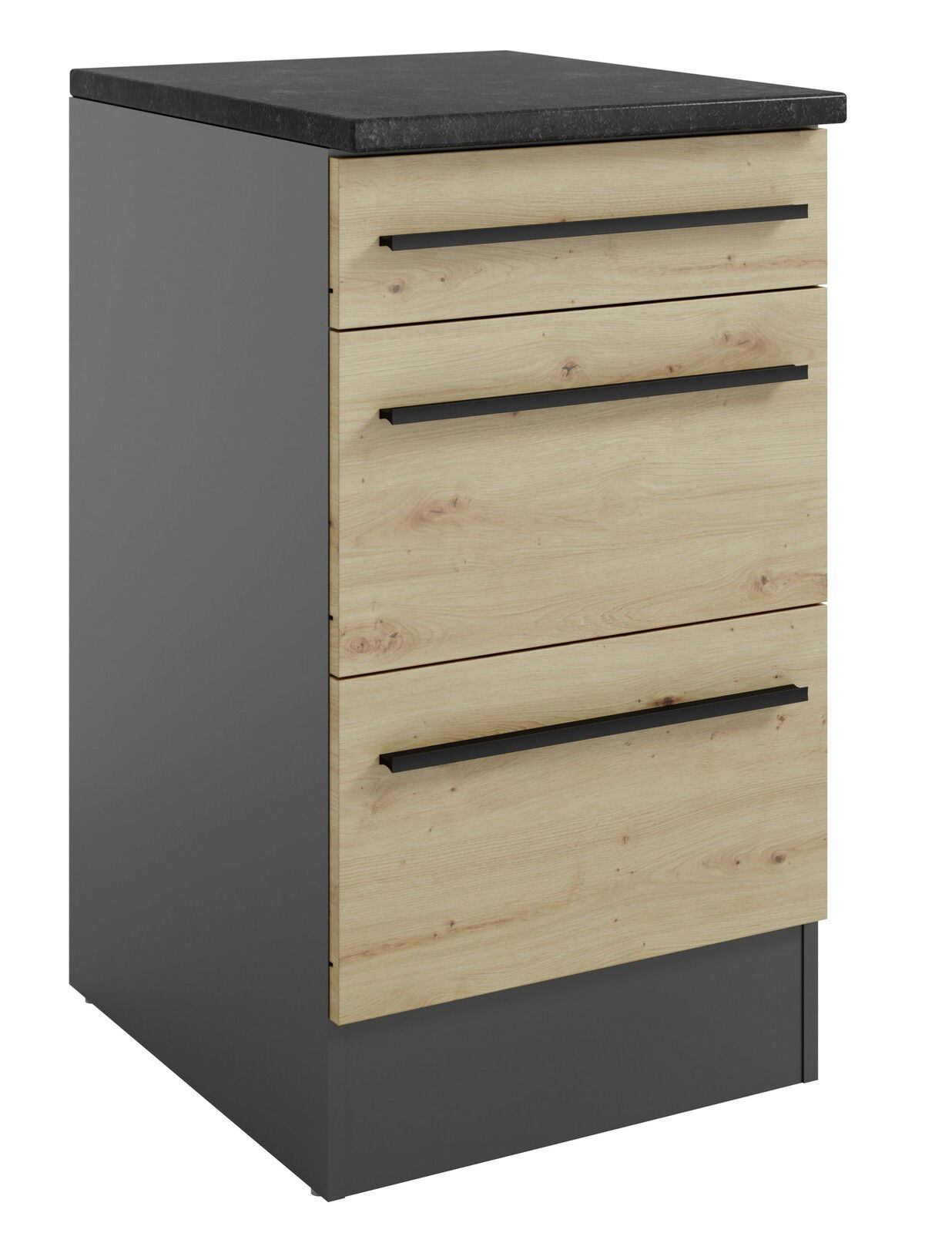 Yourkitchen Unterschrank JAZZ Moderner Unterschrank 50A mit drei Schubladen in Holzoptik und schwarzer Arbeitsplatte, seitliche Perspektive
